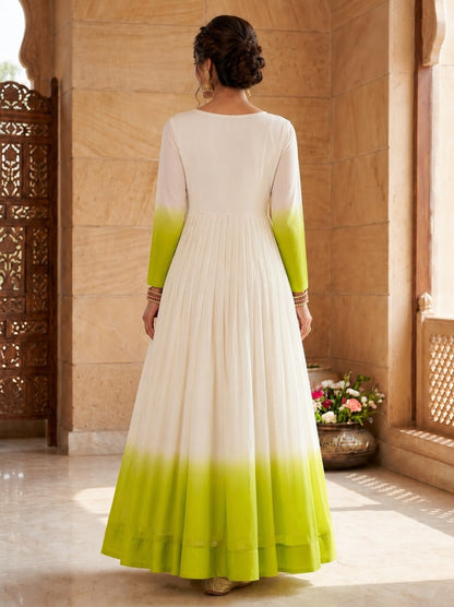 White and Parrot Green Star Georgette Pedding with Embroidery Woolen Work Gown