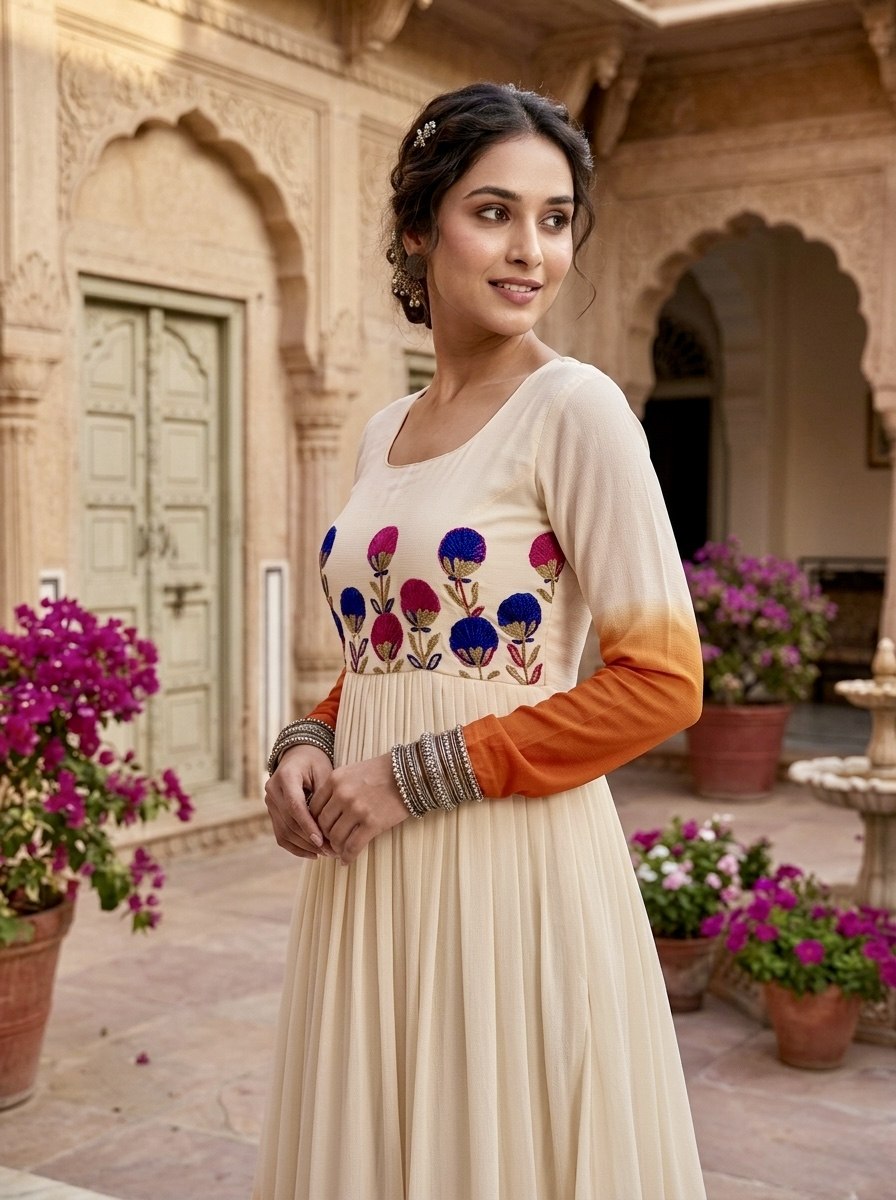 White and Orange Star Georgette Pedding with Embroidery Woolen Work Gown