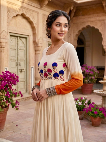 White and Orange Star Georgette Pedding with Embroidery Woolen Work Gown