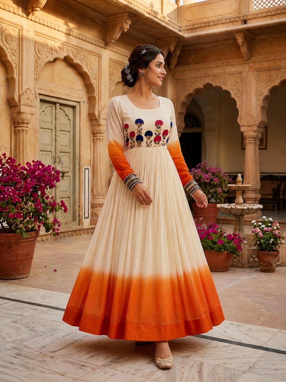 White and Orange Star Georgette Pedding with Embroidery Woolen Work Gown