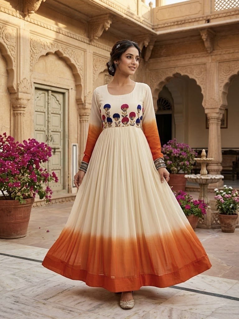 White and Orange Star Georgette Pedding with Embroidery Woolen Work Gown