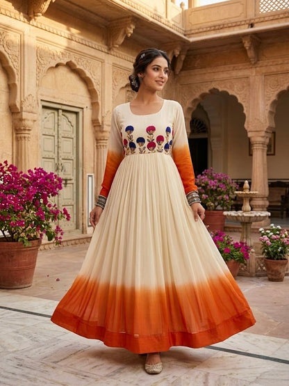 White and Orange Star Georgette Pedding with Embroidery Woolen Work Gown