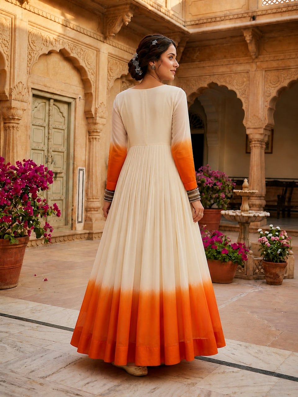 White and Orange Star Georgette Pedding with Embroidery Woolen Work Gown