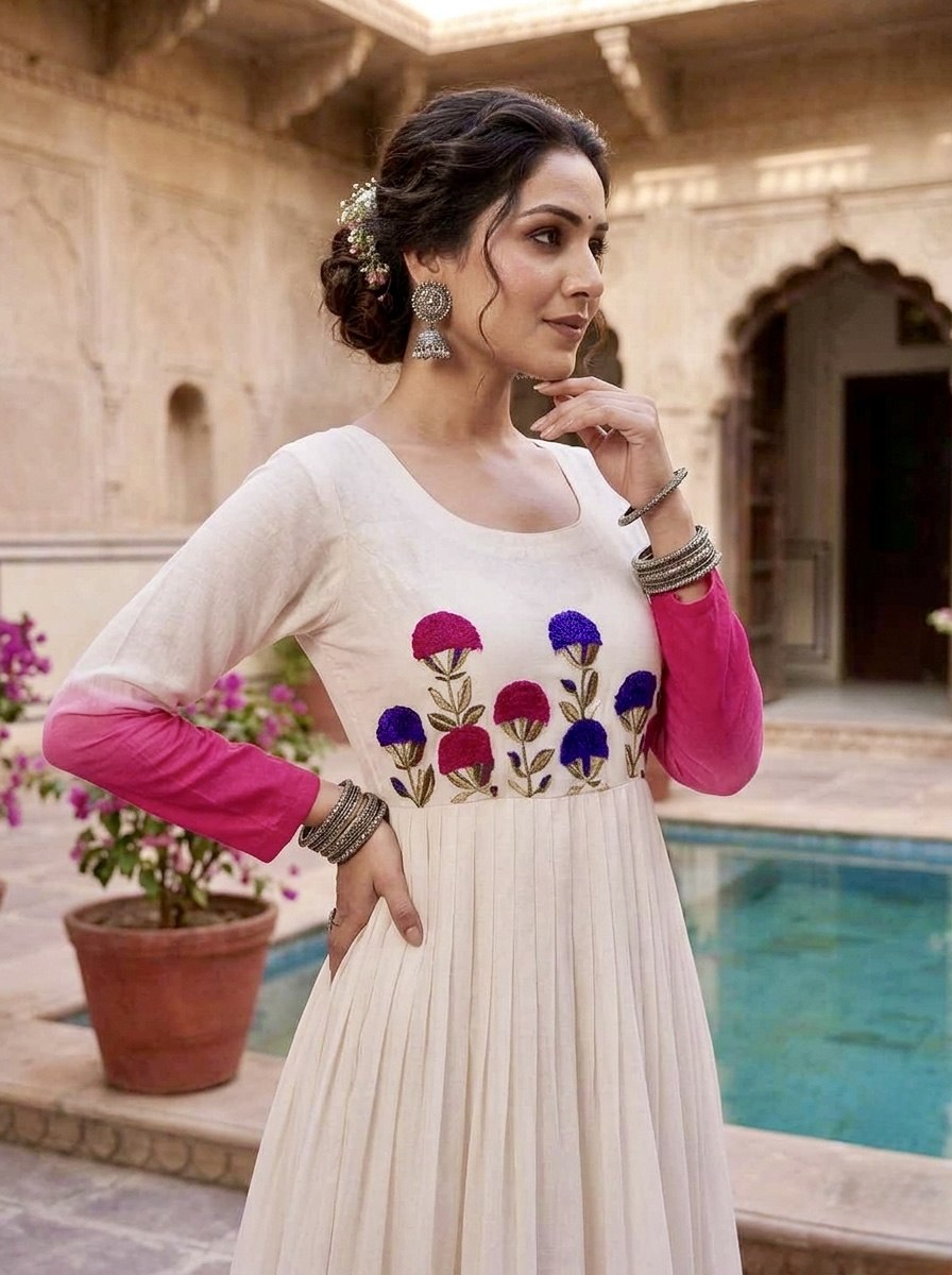 White and Pink Star Georgette Pedding with Embroidery Woolen Work Gown