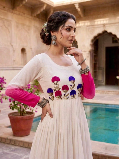 White and Pink Star Georgette Pedding with Embroidery Woolen Work Gown