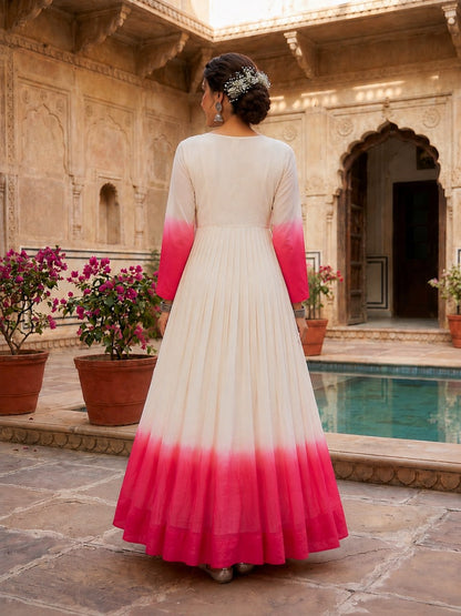 White and Pink Star Georgette Pedding with Embroidery Woolen Work Gown