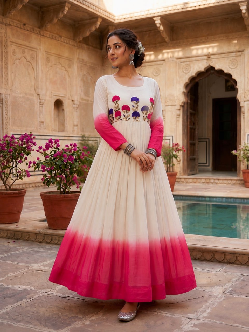 White and Pink Star Georgette Pedding with Embroidery Woolen Work Gown