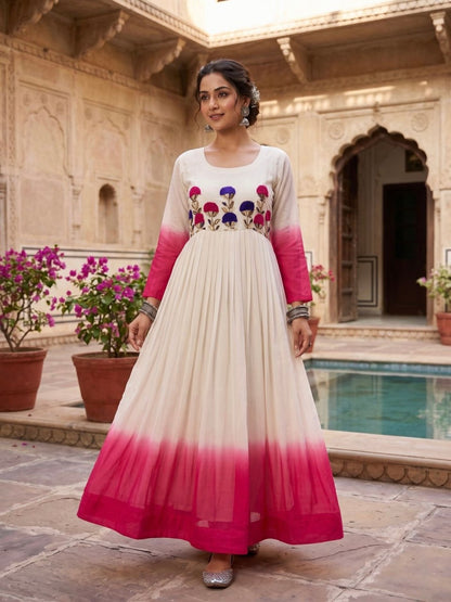White and Pink Star Georgette Pedding with Embroidery Woolen Work Gown