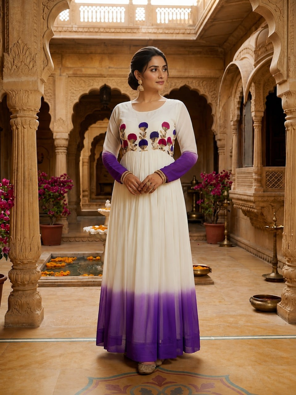 Woman in a traditional outfit standing in an ornate indoor setting with floral decorations.