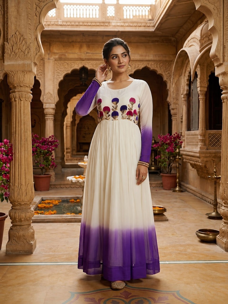 White and Purple Star Georgette Pedding with Embroidery Woolen Work Gown
