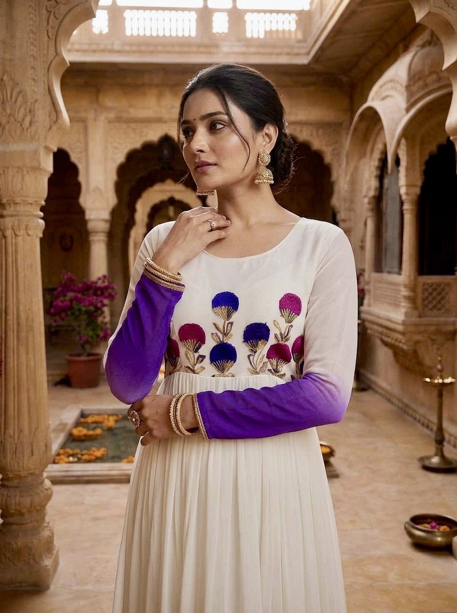 Woman wearing a traditional outfit with floral embroidery in an ornate indoor setting