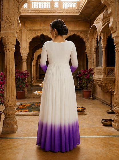 White and Purple Star Georgette Pedding with Embroidery Woolen Work Gown