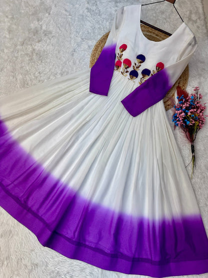 White and Purple Star Georgette Pedding with Embroidery Woolen Work Gown