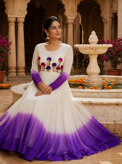 White and Purple Star Georgette Pedding with Embroidery Woolen Work Gown