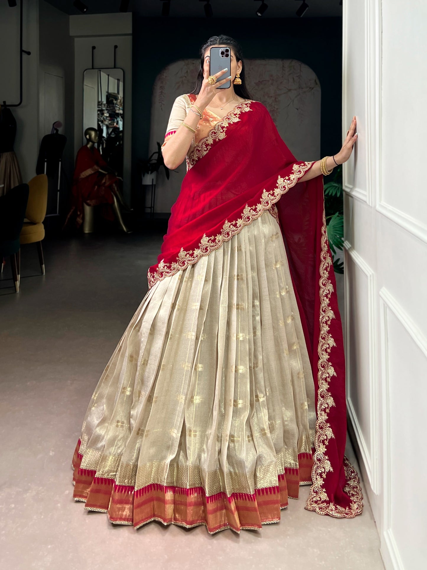 Off-White Slub Kota Zari Weaving Paithani Traditional South Indian Lehenga Choli with Dupatta
