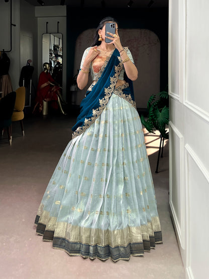Sky Blue Colour Slub Kota Zari Weaving Paithani Traditional South Indian Lehenga Choli with Dupatta