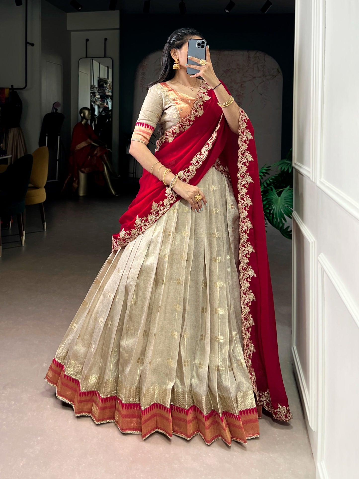 Off-White Slub Kota Zari Weaving Paithani Traditional South Indian Lehenga Choli with Dupatta
