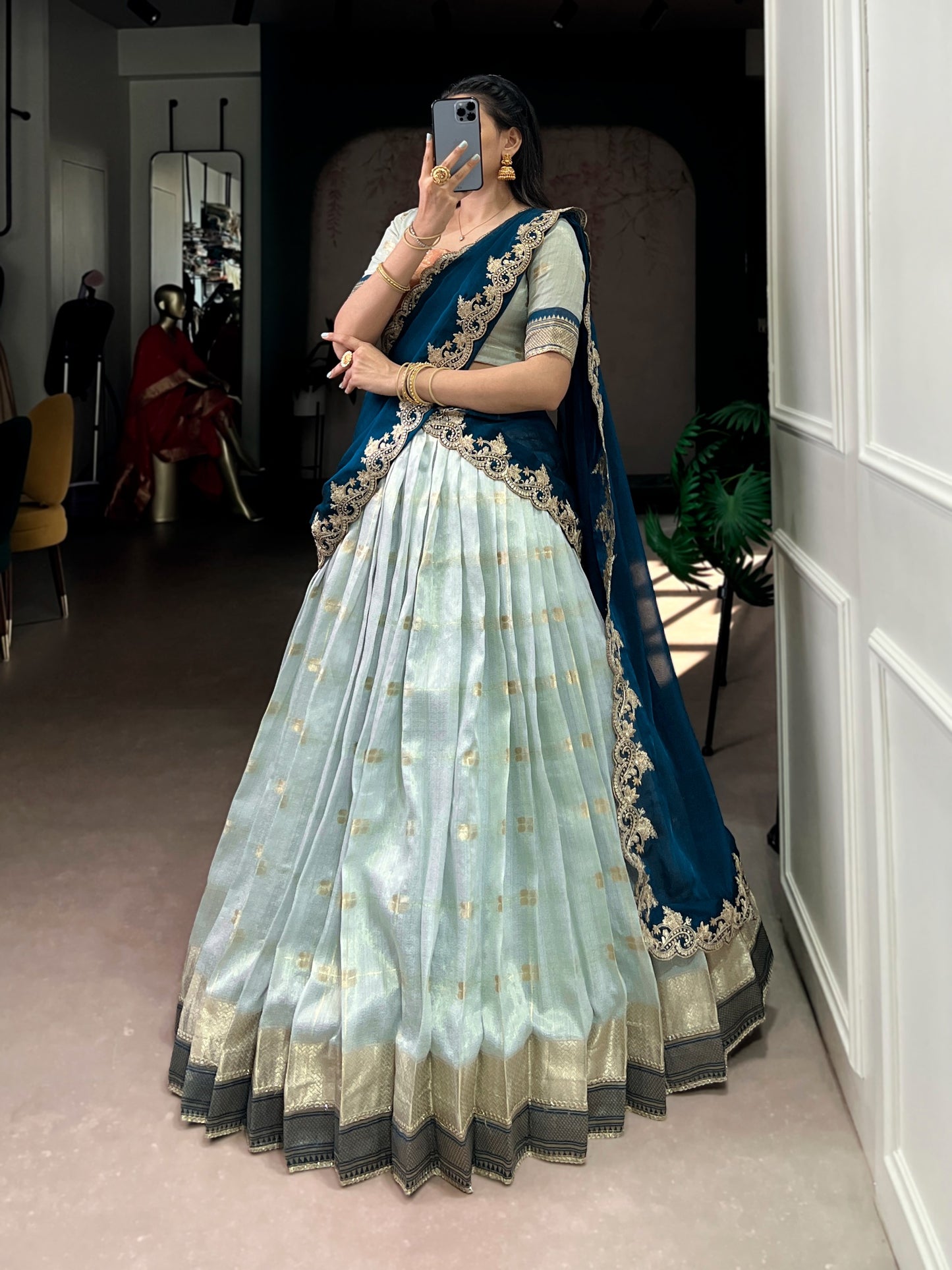 Sky Blue Colour Slub Kota Zari Weaving Paithani Traditional South Indian Lehenga Choli with Dupatta