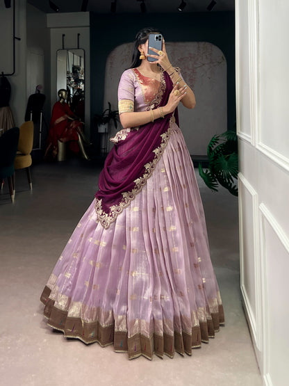 Light Pink Slub Kota Zari Weaving Paithani Traditional South Indian Lehenga Choli with Dupatta