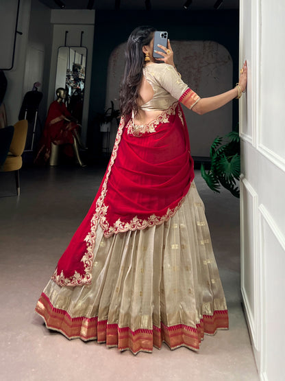 Off-White Slub Kota Zari Weaving Paithani Traditional South Indian Lehenga Choli with Dupatta