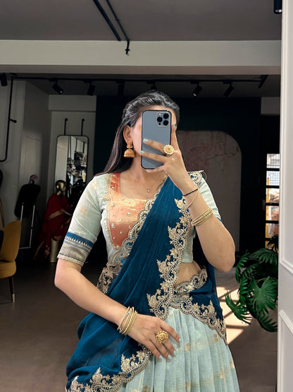 Sky Blue Colour Slub Kota Zari Weaving Paithani Traditional South Indian Lehenga Choli with Dupatta