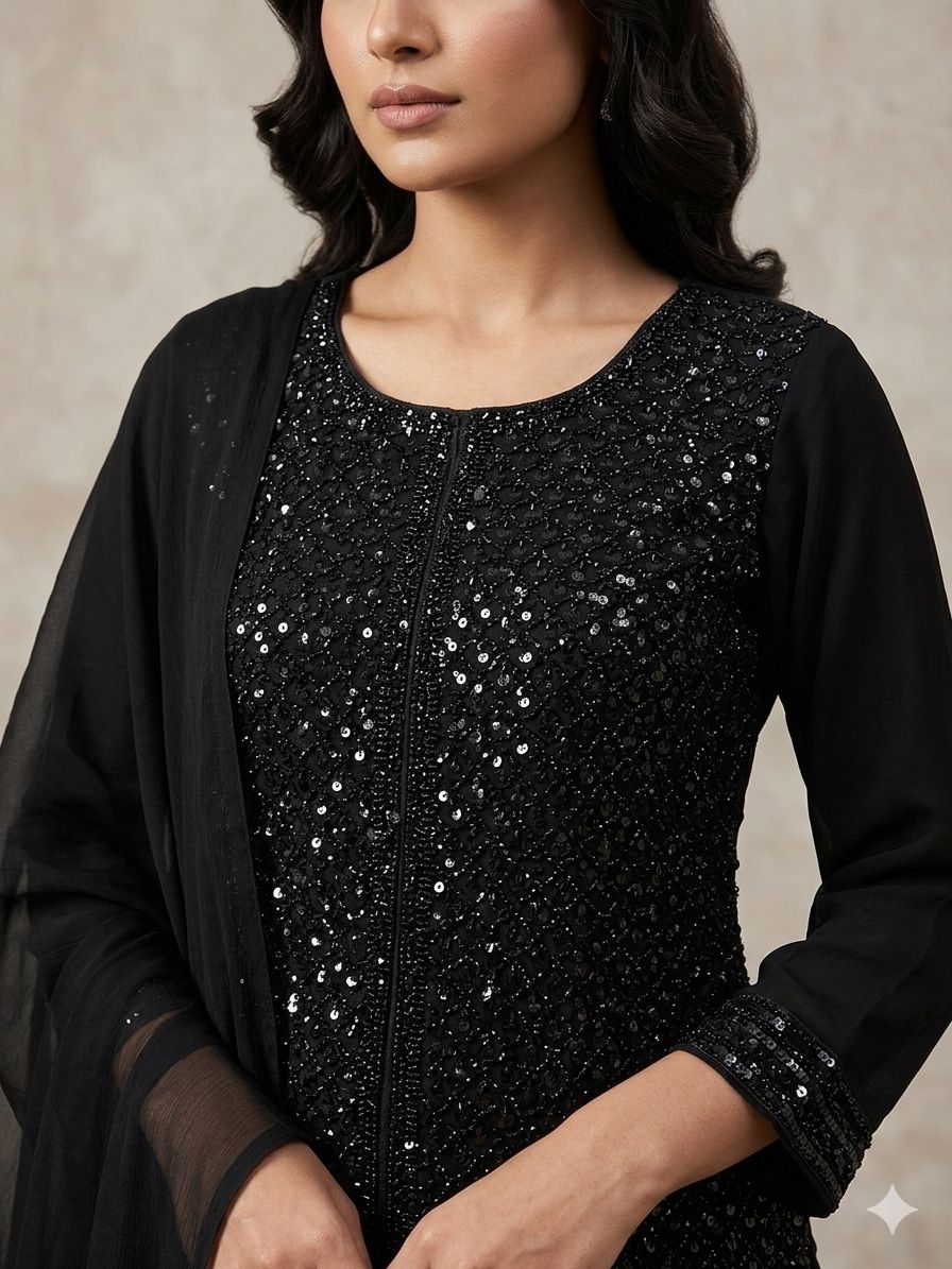 Black sequin top worn by a person on a neutral background