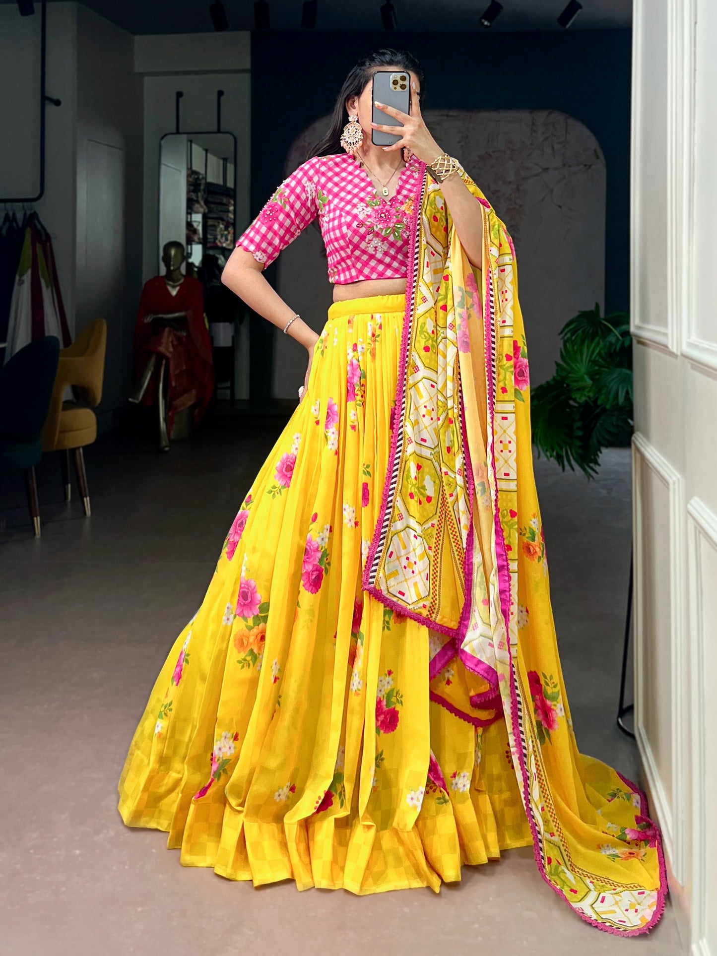 Yellow color Georgette Floral Print Lehenga with Handwork Blouse