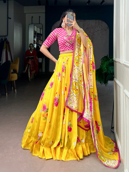 Yellow color Georgette Floral Print Lehenga with Handwork Blouse