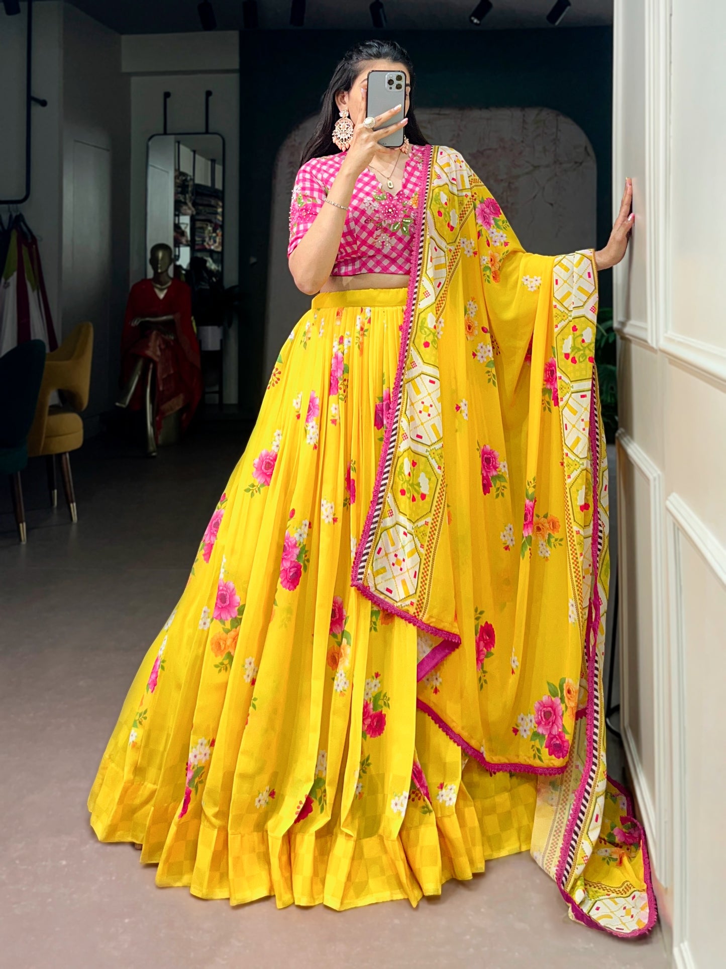 Yellow color Georgette Floral Print Lehenga with Handwork Blouse