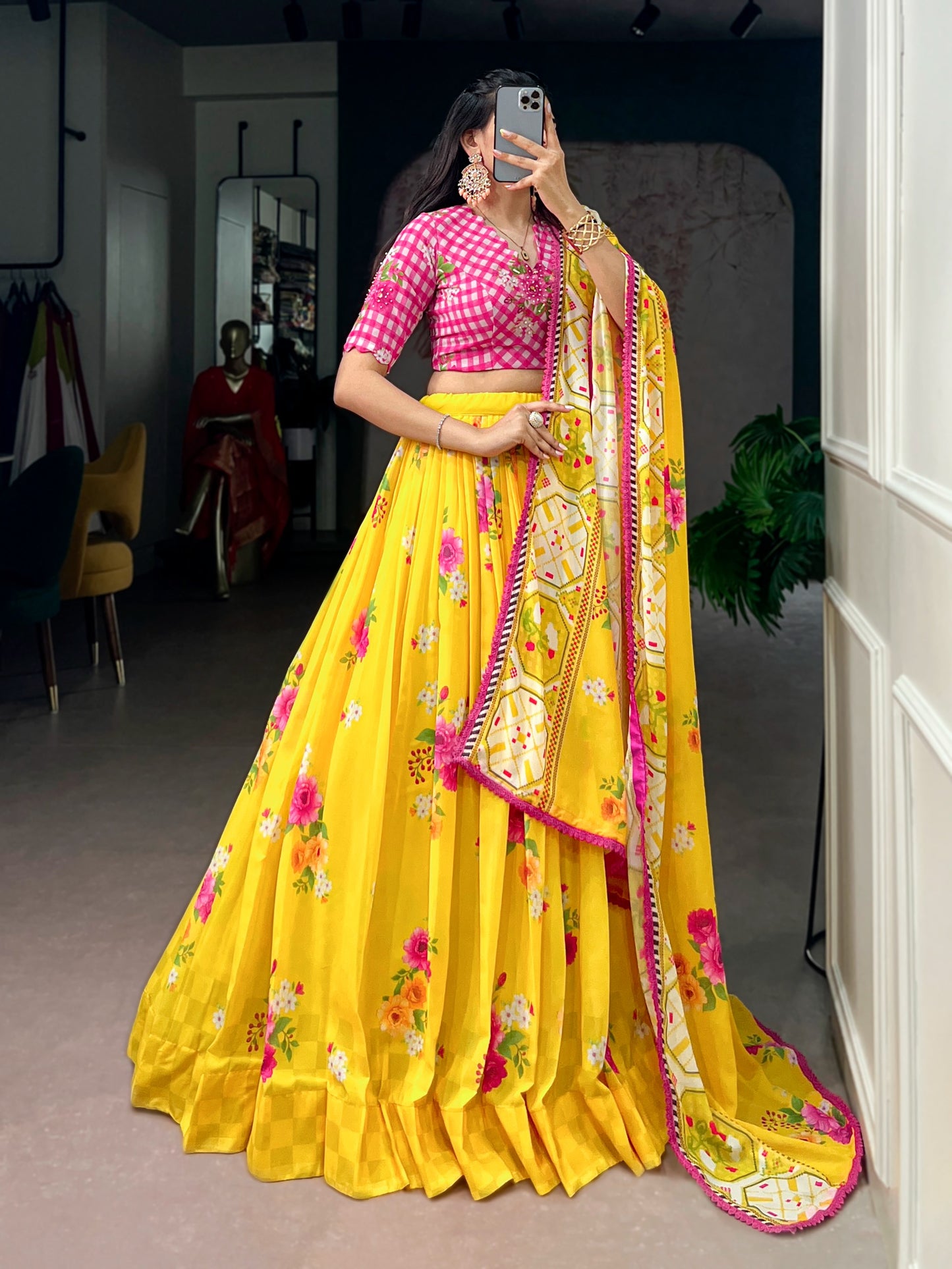 Yellow color Georgette Floral Print Lehenga with Handwork Blouse