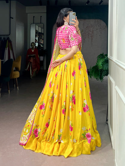 Yellow color Georgette Floral Print Lehenga with Handwork Blouse