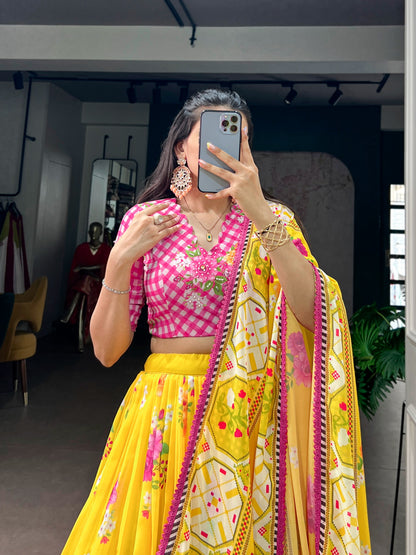 Yellow color Georgette Floral Print Lehenga with Handwork Blouse