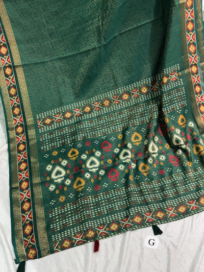 Green color Ajrakh Patola Print Jacquard Border Saree with Unstitched Blouse