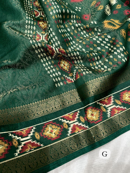 Green color Ajrakh Patola Print Jacquard Border Saree with Unstitched Blouse