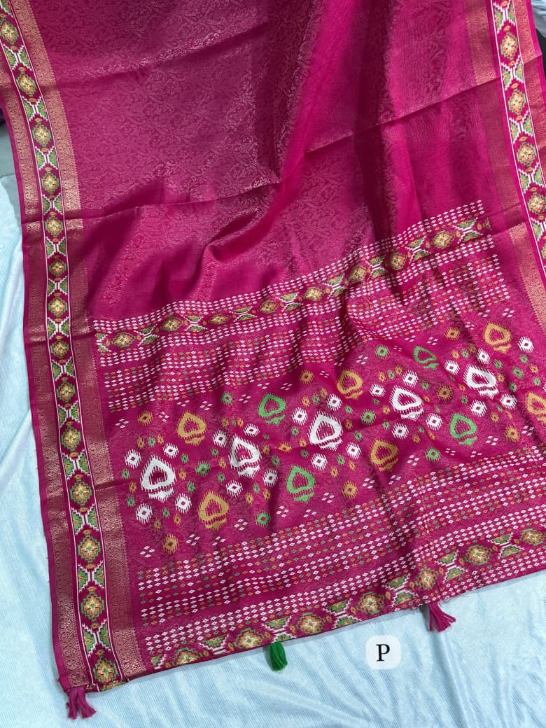 Pink color Ajrakh Patola Print Jacquard Border Saree with Unstitched Blouse