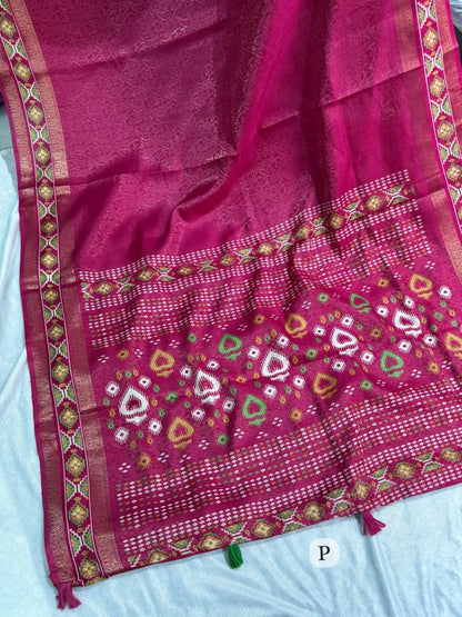 Pink color Ajrakh Patola Print Jacquard Border Saree with Unstitched Blouse