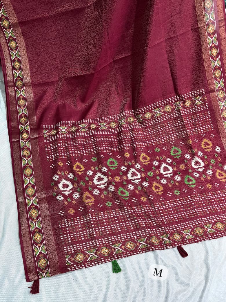 Maroon color Ajrakh Patola Print Jacquard Border Saree with Unstitched Blouse