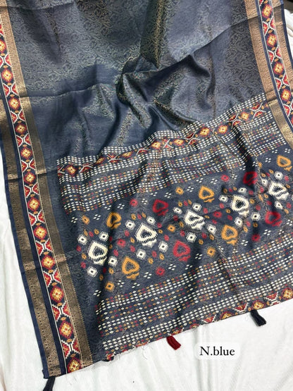 Navy Blue color Ajrakh Patola Print Jacquard Border Saree with Unstitched Blouse