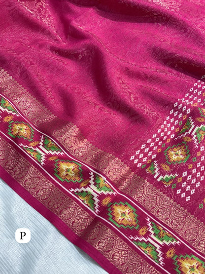 Pink color Ajrakh Patola Print Jacquard Border Saree with Unstitched Blouse