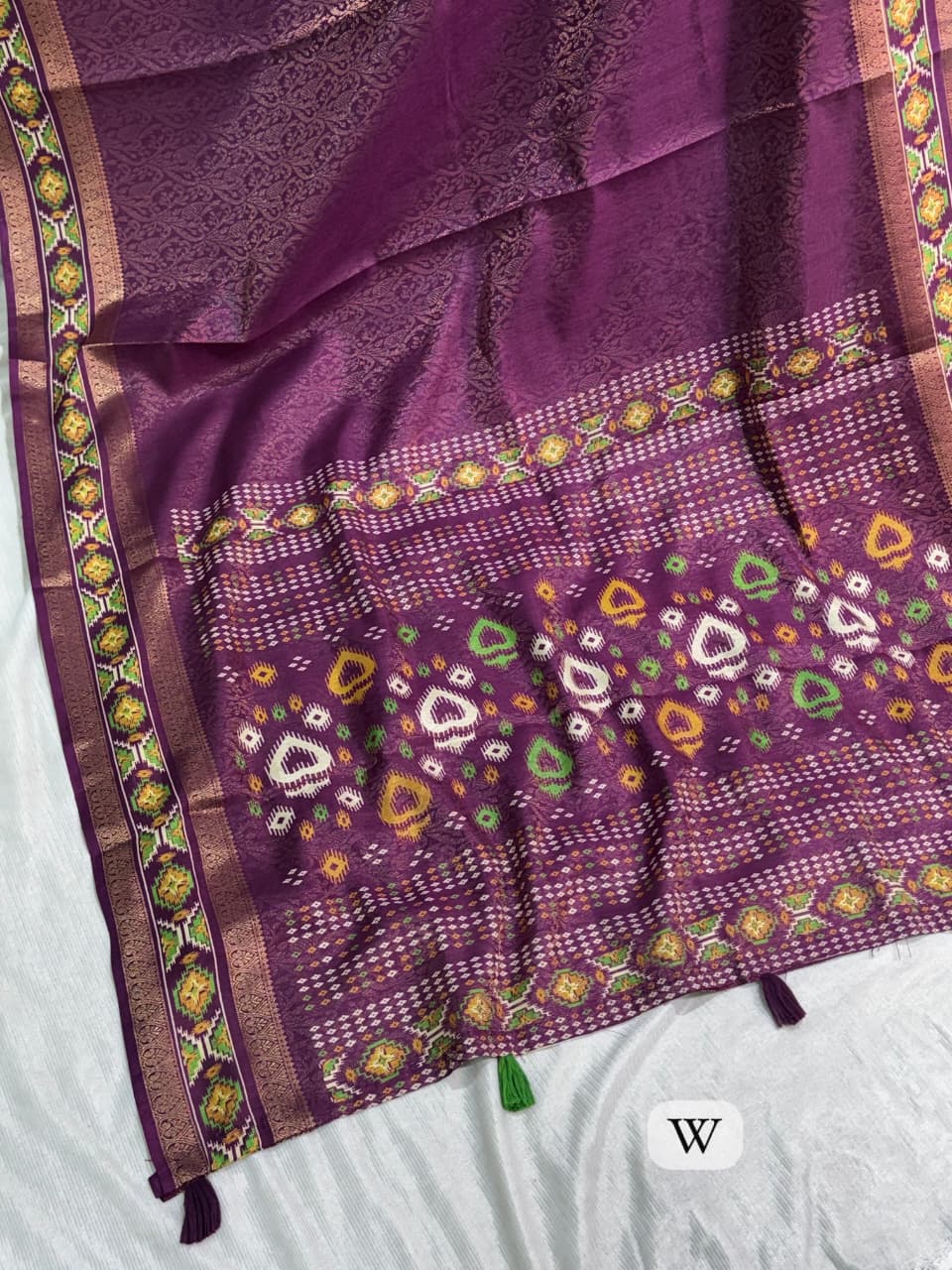 Wine color Ajrakh Patola Print Jacquard Border Saree with Unstitched Blouse