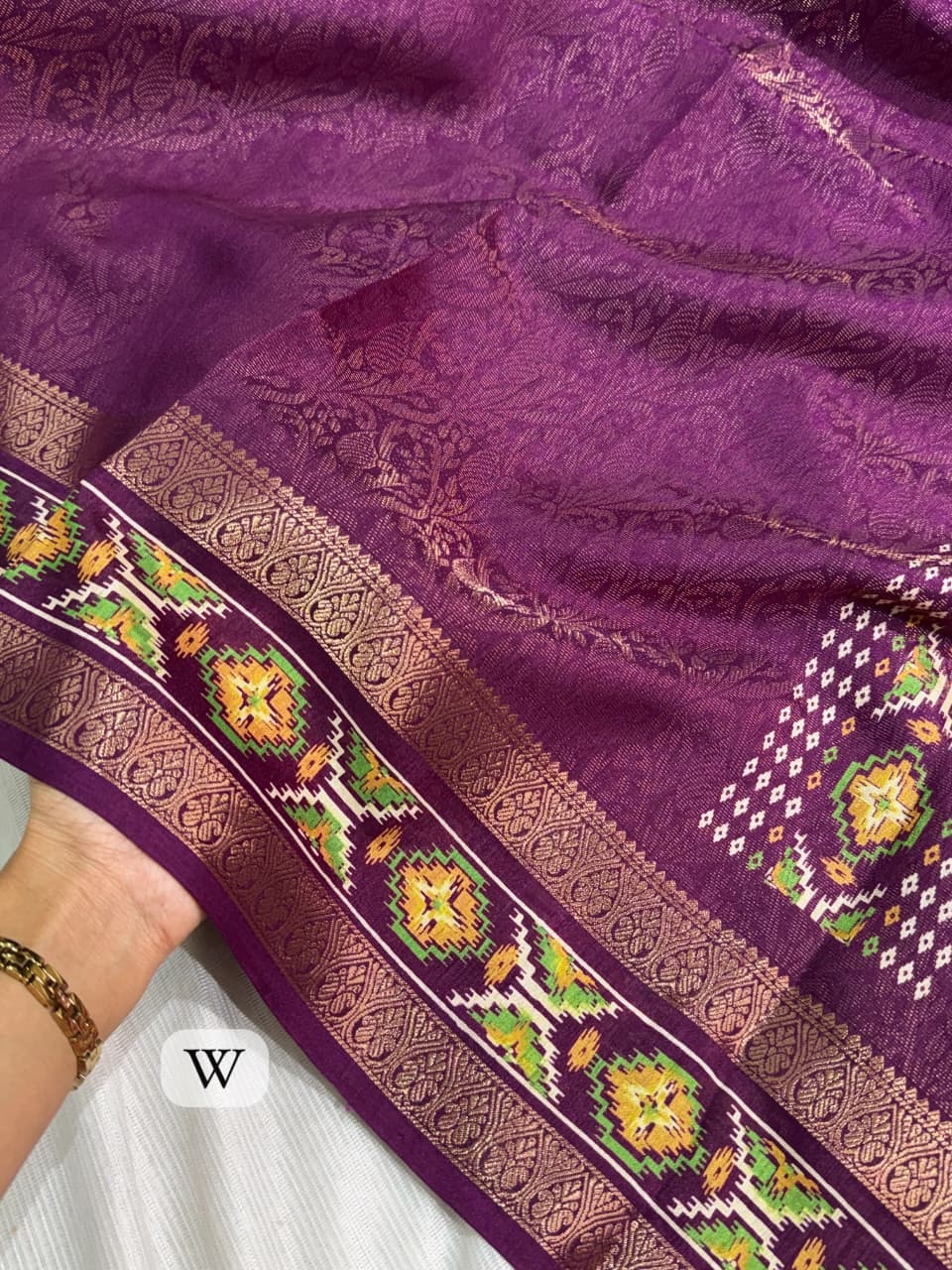Wine color Ajrakh Patola Print Jacquard Border Saree with Unstitched Blouse