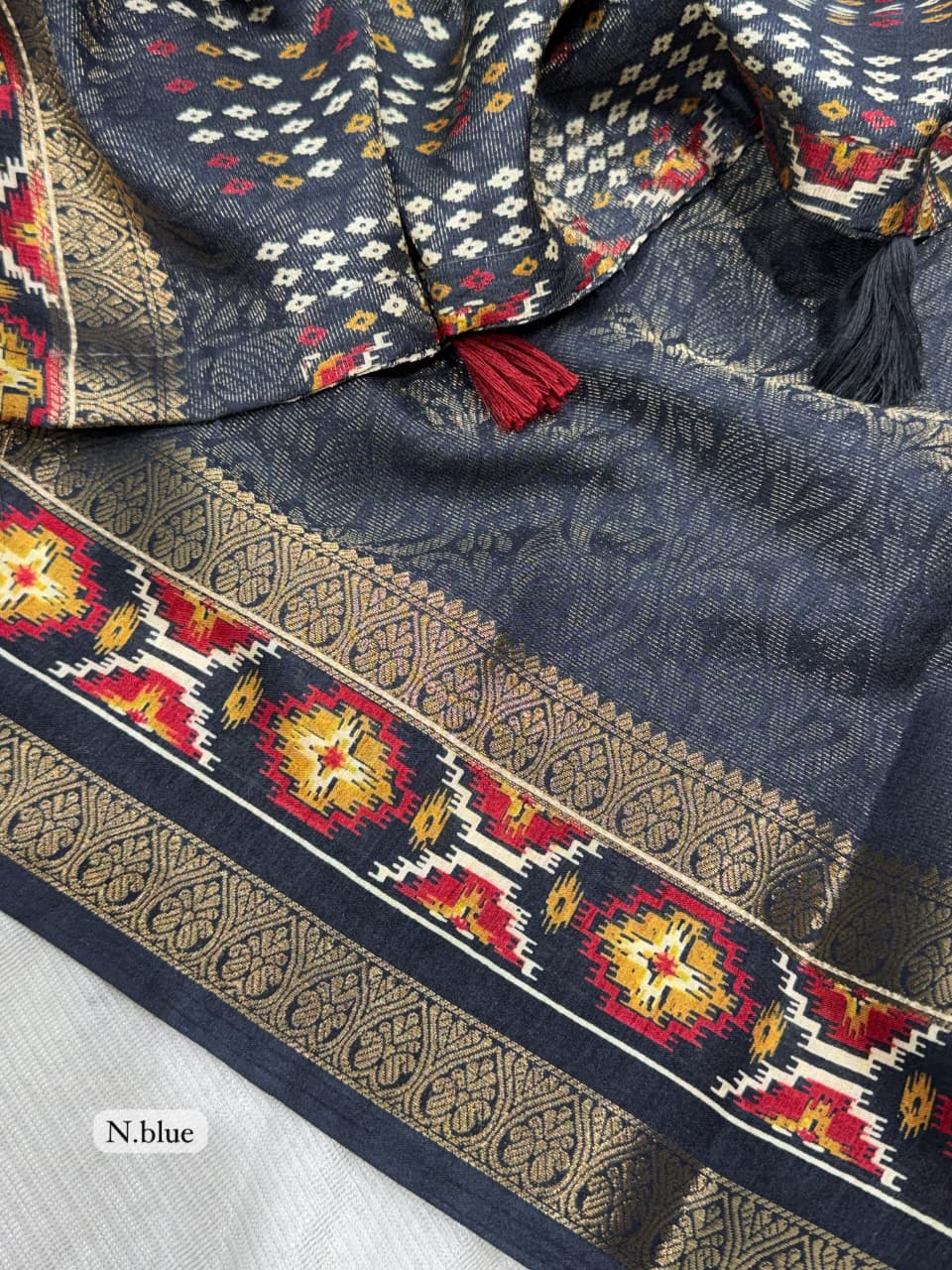 Navy Blue color Ajrakh Patola Print Jacquard Border Saree with Unstitched Blouse