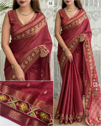 Maroon color Ajrakh Patola Print Jacquard Border Saree with Unstitched Blouse