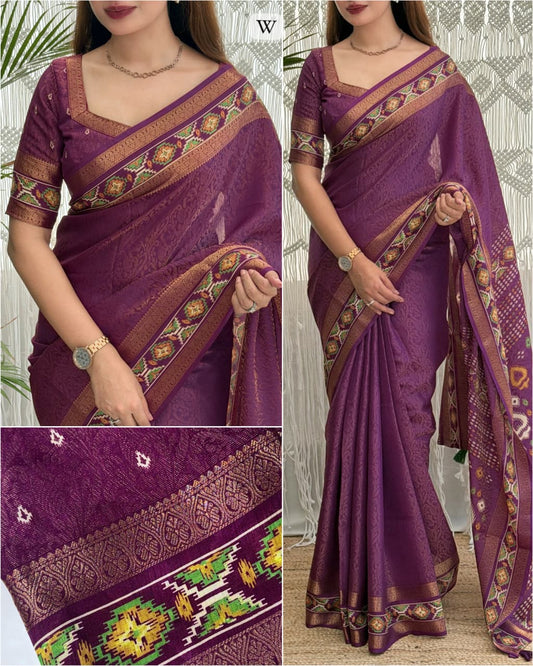 Wine color Ajrakh Patola Print Jacquard Border Saree with Unstitched Blouse