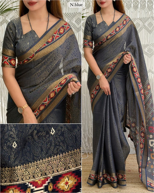 Navy Blue color Ajrakh Patola Print Jacquard Border Saree with Unstitched Blouse