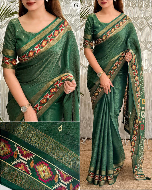 Green color Ajrakh Patola Print Jacquard Border Saree with Unstitched Blouse
