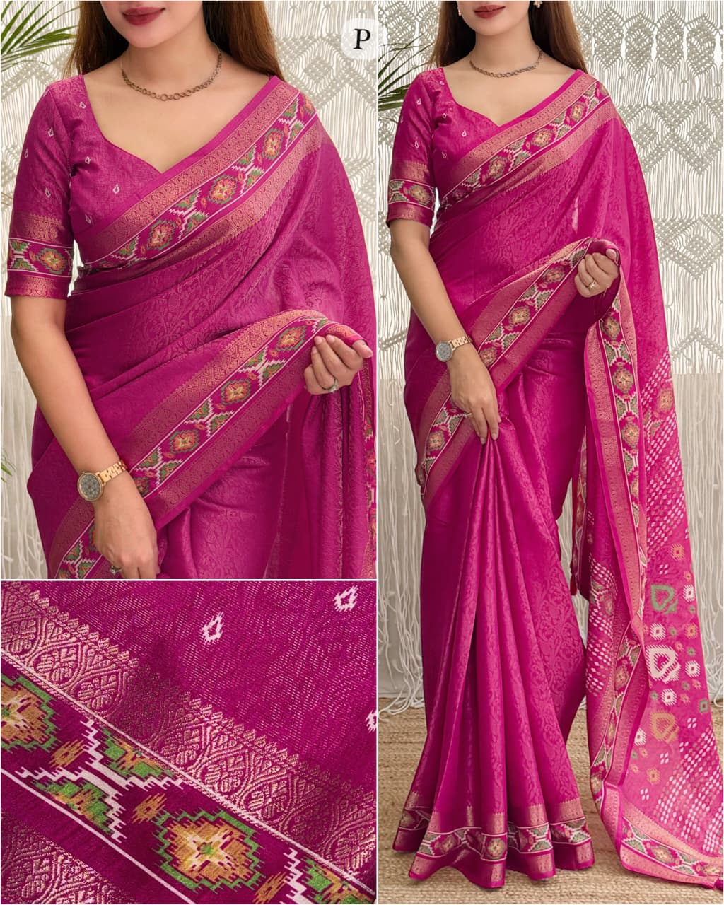 Pink color Ajrakh Patola Print Jacquard Border Saree with Unstitched Blouse