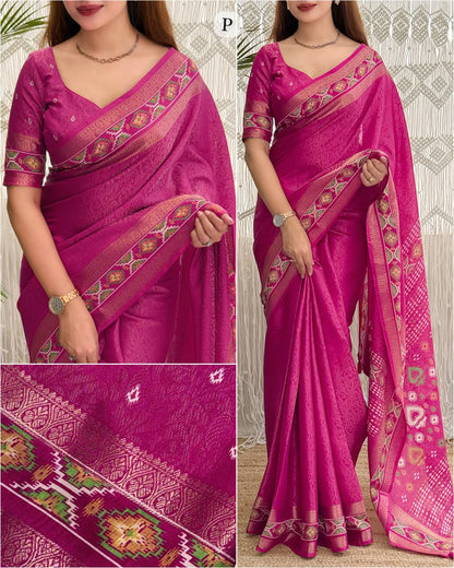 Pink color Ajrakh Patola Print Jacquard Border Saree with Unstitched Blouse
