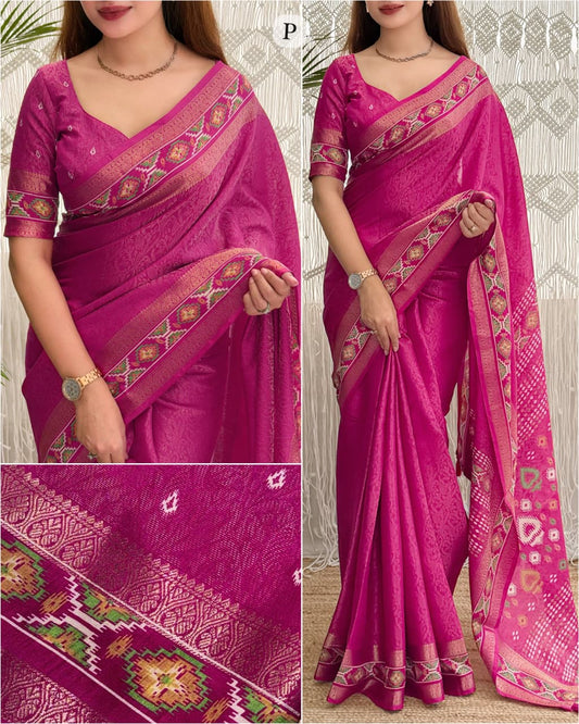 Pink color Ajrakh Patola Print Jacquard Border Saree with Unstitched Blouse
