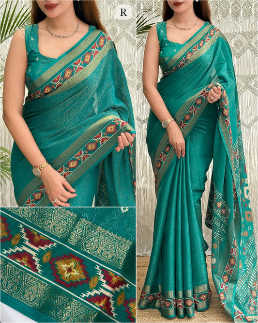 Rama Green color Ajrakh Patola Print Jacquard Border Saree with Unstitched Blouse